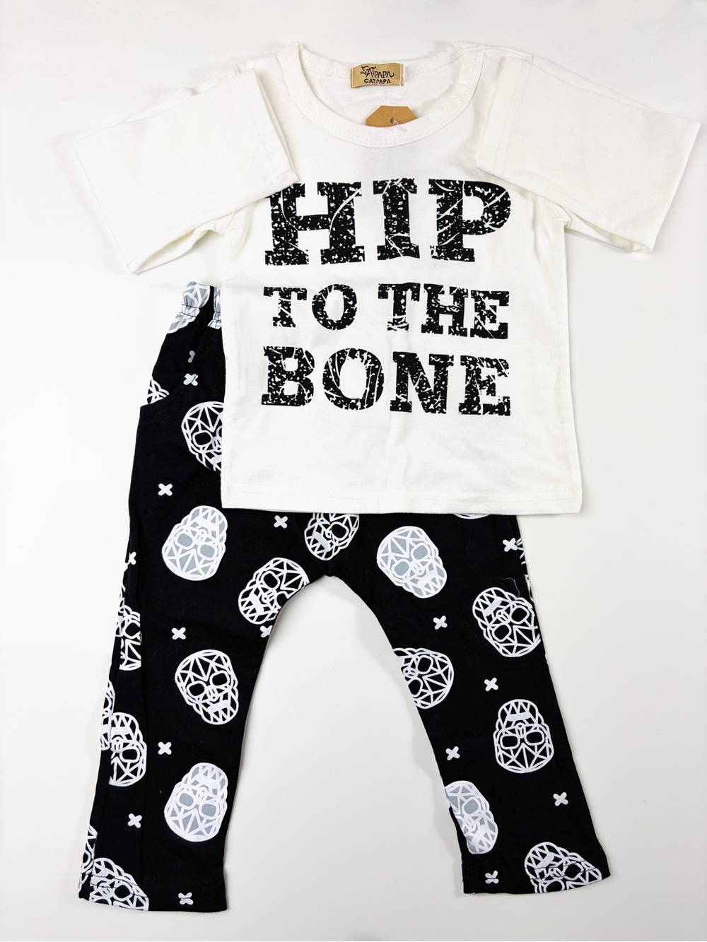 Catpapa 2-pc White “Hip 2 The Bone” Top & Black Geometric Skull Pants Set Sz 24m